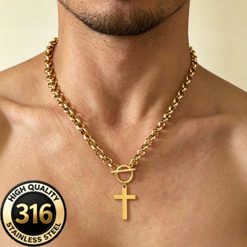 Unisex Stainless Steel Chunky Cross Pendant Necklace